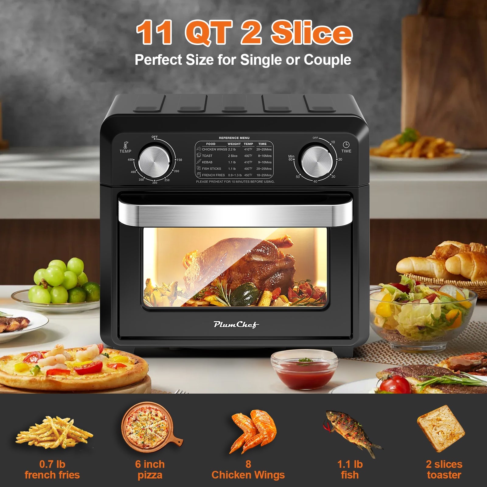 11QT Compact Air Fryer Toaster Oven, 1000W, Convection Countertop,