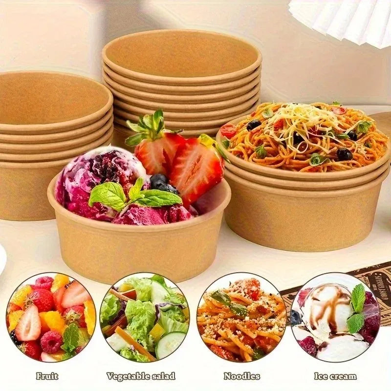 Kraft Paper Round Bowls Disposable Lunch Bento Box with Lids Meal Prep