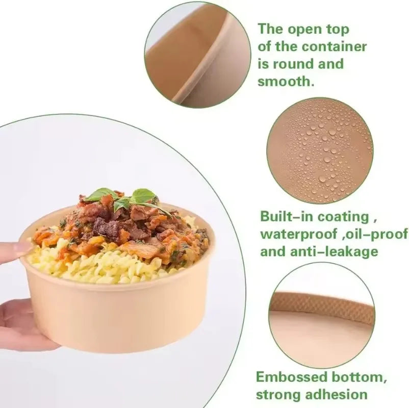 Kraft Paper Round Bowls Disposable Lunch Bento Box with Lids Meal Prep