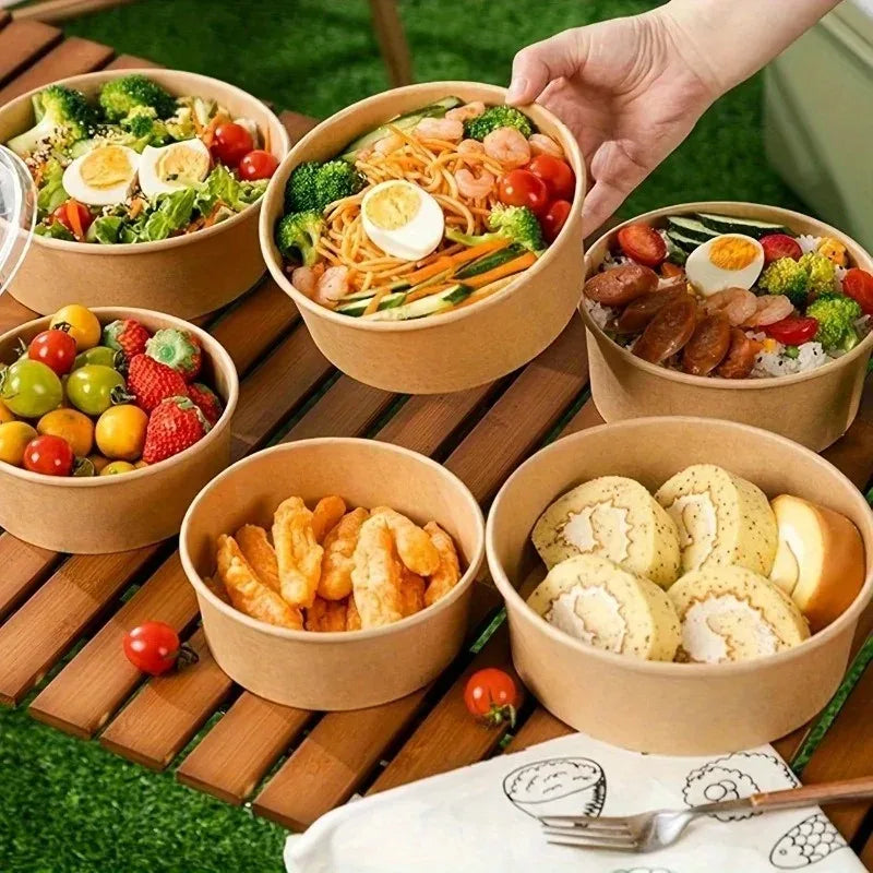 Kraft Paper Round Bowls Disposable Lunch Bento Box with Lids Meal Prep