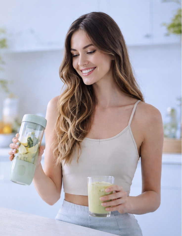 Woman holding a green smoothie in a kitchen with fruits on the counter