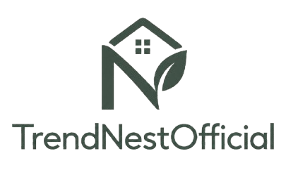 A dark green logo featuring a stylized house and leaf forming an 'N' shape above the text 'TrendNestOfficial' on a plain white background.